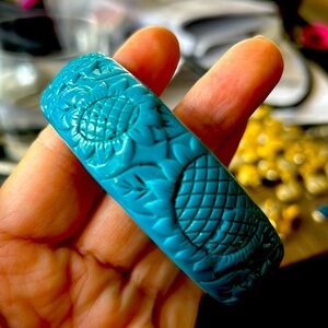 Carved cerulean blue bangle bracelet
